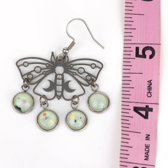 Silver Metal Luna Moth Filigree Dangle Chandelier Earrings - Picture 4 of 5